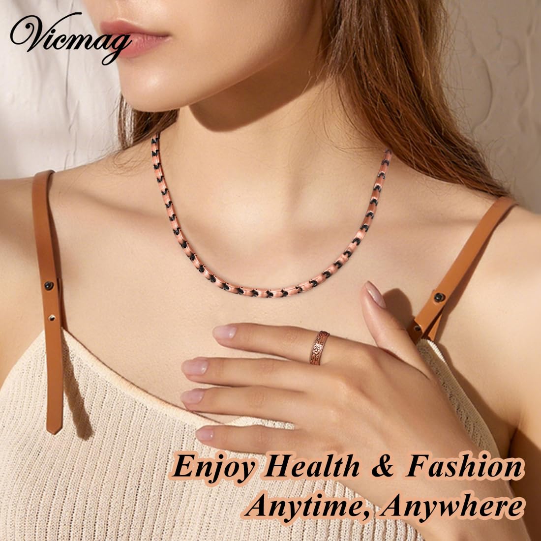 Vicmag Copper Magnetic Necklace for Women - Ultra Strength Magnets-99.9% Solid Pure Copper 2PCS Ring Necklace Set for Neck Adjustable Light Weight