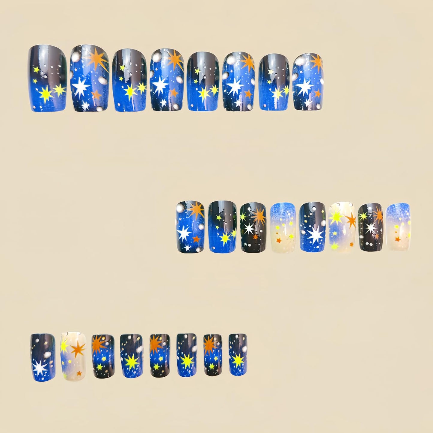 Press on Nails Medium Square Blue Starry Sky Smudge False Nails Gold Stars Pattern Design Artificial Nails Press Nails with Charm Full Cover Stick on Nails Acrylic Glossy Glue on Nails for Women