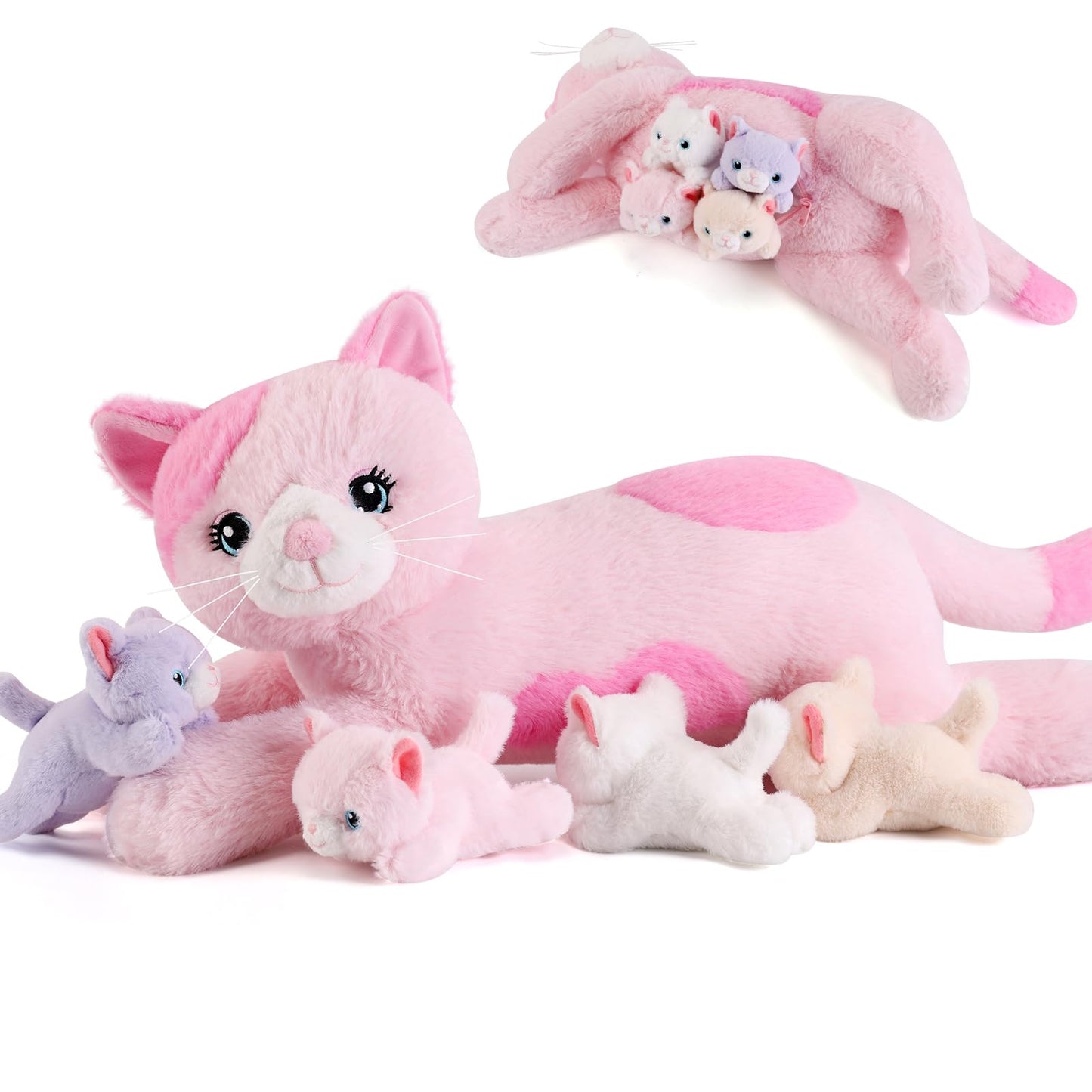gnomantic 5 Pieces Cat Stuffed Animals with Babies Inside Belly - 1 Mommy Stuffed Cat with 4 Kittens - Stuffed Kitty Plush Toys for Kid Age 3-8, Gift Ideal for Christmas, Valentine's, Birthday (Pink)