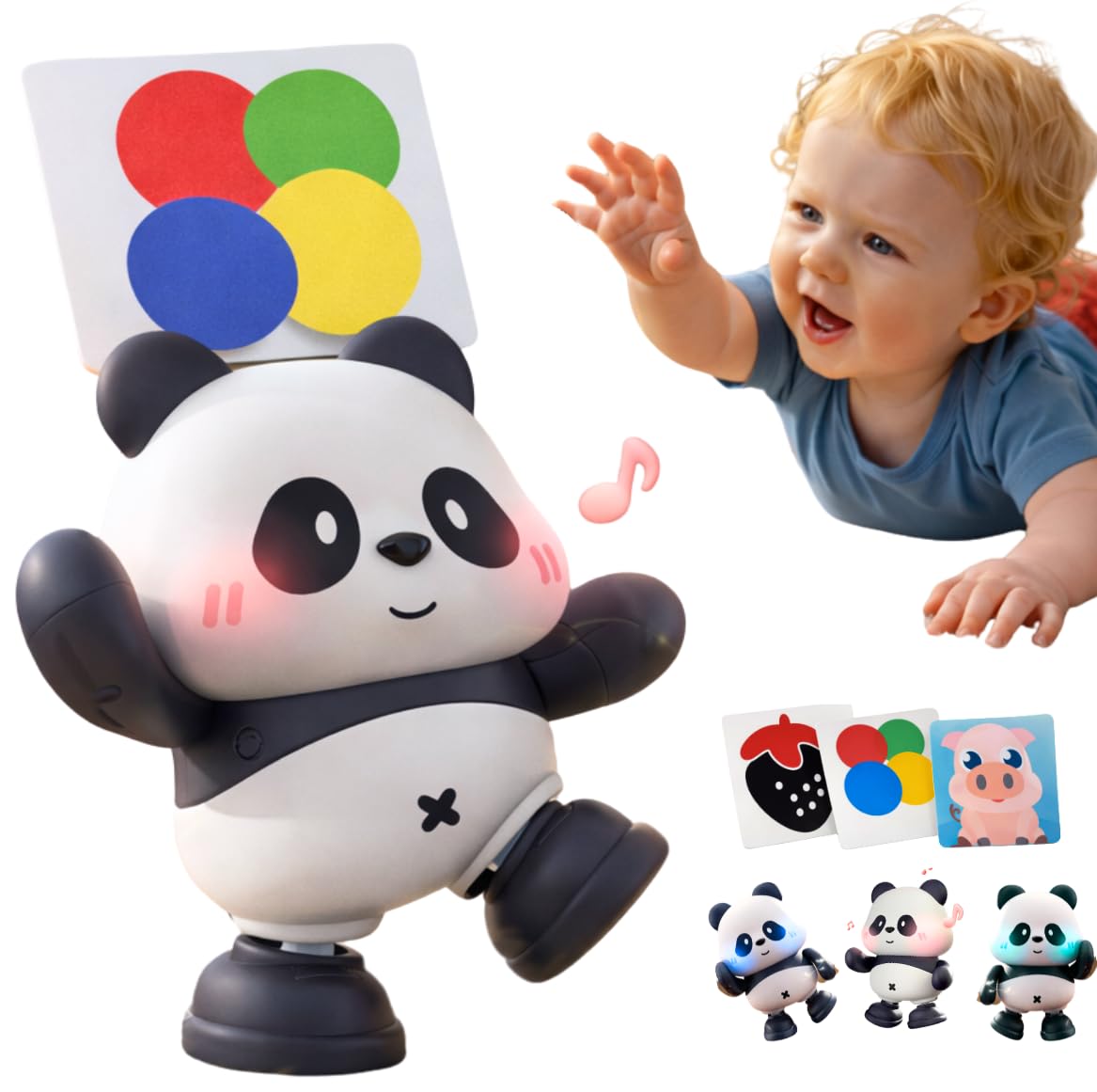 Cuddobaby Dancing Panda | 0-6M 6-12M Musical Toys, Changing Lights| Independent Tummy Time | Hands-Free High Contrast Flash Card Holder for Newborns, Crawling Encourage for Infants