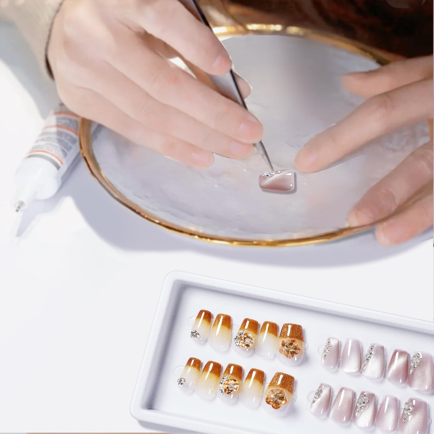AVVA VISION 2 Packs Press On Nails Handmade Rhinestones Charms DIY Reusable Adhesive Tabs False Fake Nail, Set #01, Size L