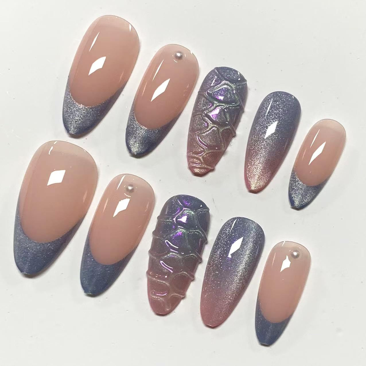 BABALAL Press On Nails, Medium Almond Fake Nails, Pink Blue Mermaid Shell Design Cat Eye, 3d Handmade Bling Acrylic, Glossy Full Cover Glue On Nails 24Pcs