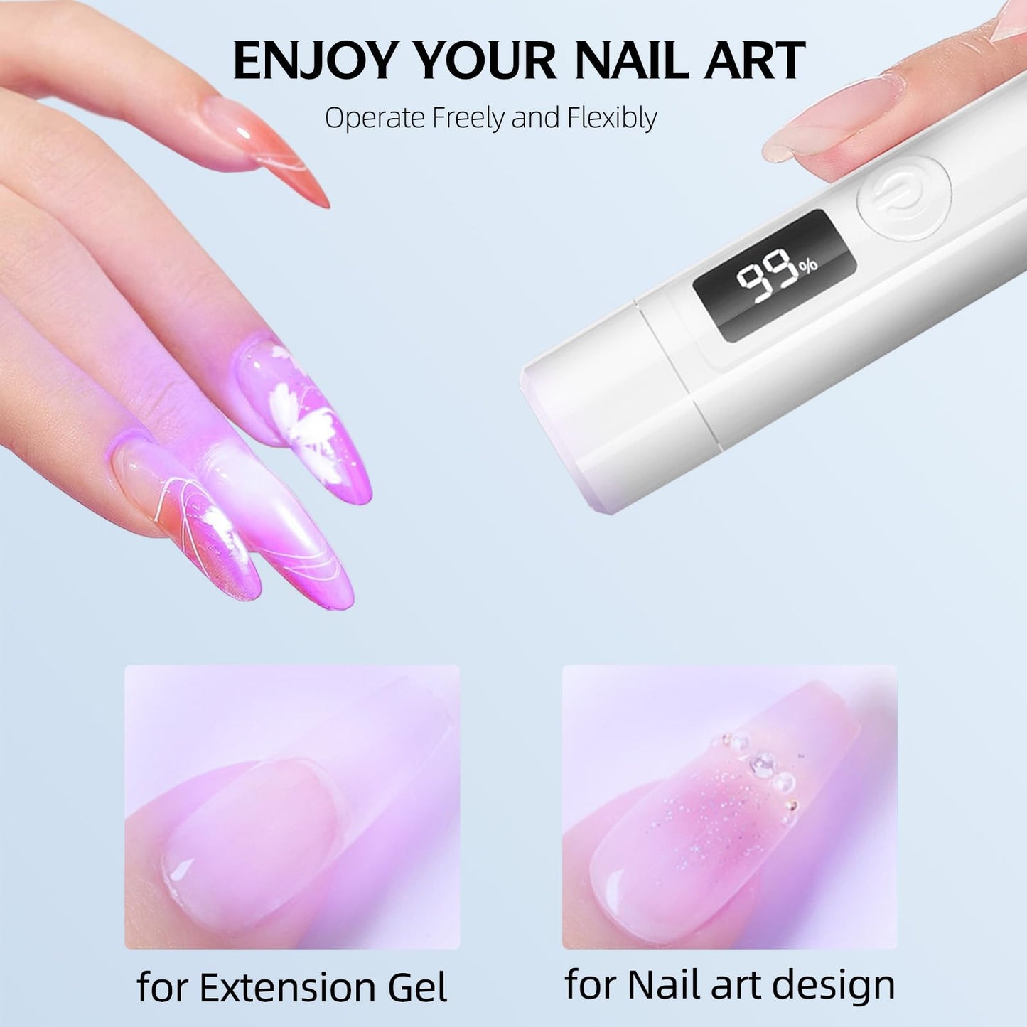 keeyada Handheld UV Light with Nail Stamper Head, 3W Portable LED Nail Lamp, Wireless Rechargeable USB Nail Dryer with Silicone Stamper, LCD Display Screen for Fast Curing Home DIY Manicure White