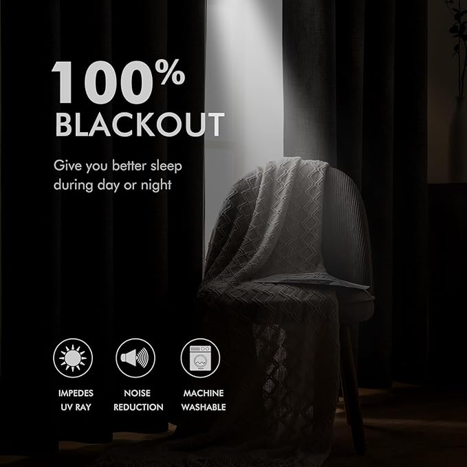 MIULEE Linen Curtains for Bedroom 100% Blackout Thermal Insulated Birch Grommet Room Darkening Curtains & Drapes for Living Room Nursery 52 x 90 Inch (2 Panels)