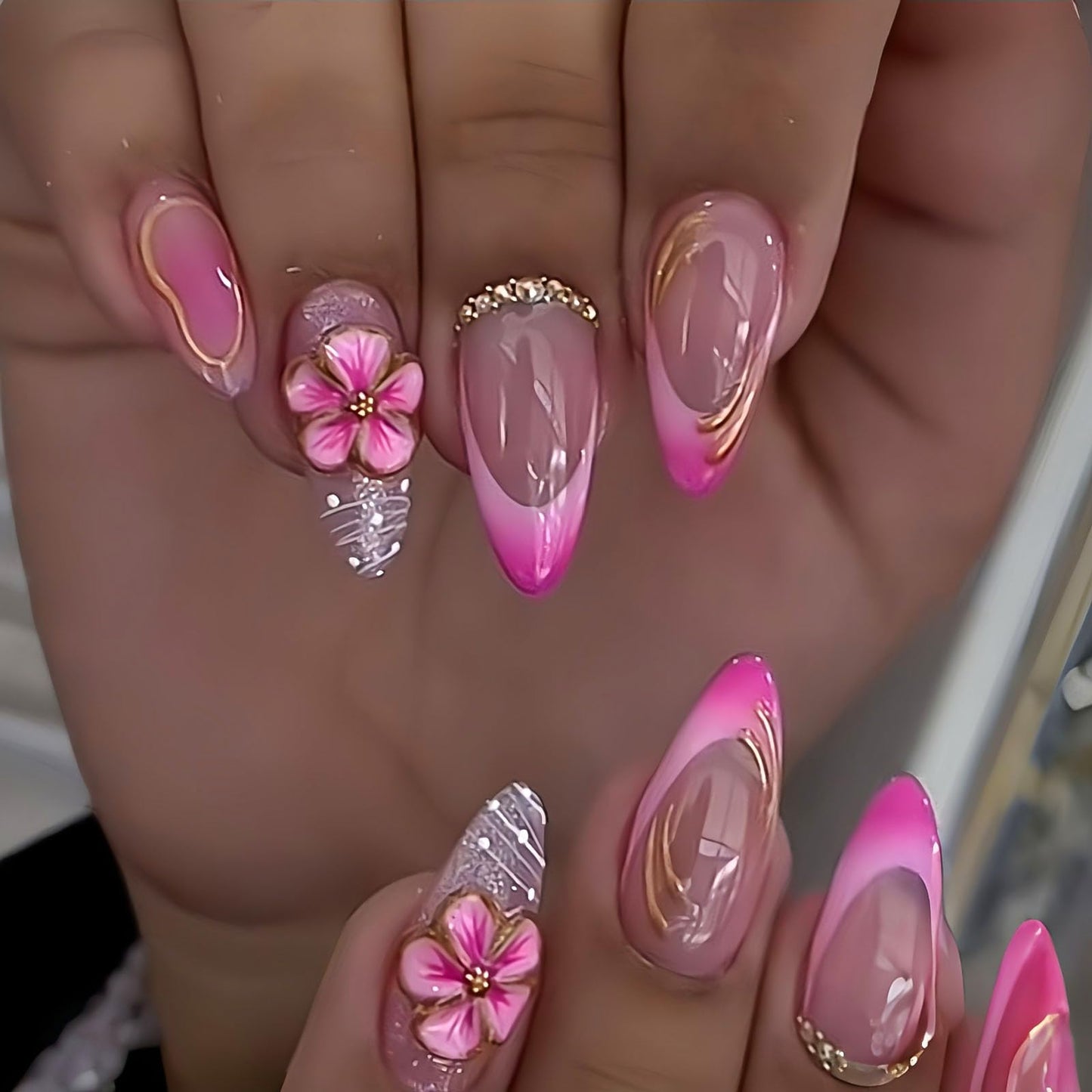 RUOKEXIN Almond Press on Nails French Tip Fake Nails Pink False Nails with Flower Designs Medium Nail Press ons Spring Summer Artificial Nails for Women 24Pcs