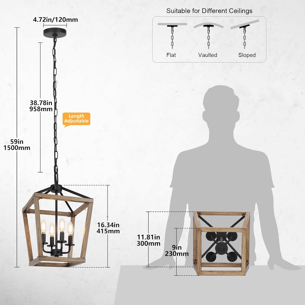 4 Light Farmhouse Chandelier, Rustic Ceiling Light Lantern Light Fixture with Wood Painted Metal Cage and Adjustable Chain, E12 Base Geometric Hanging Light Fixture for Entryway, Kitchen, Indoor