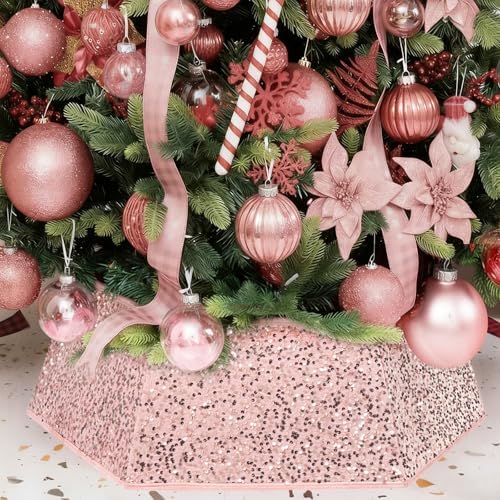 XmasExp Christmas Tree Collar, 33.5 inch Sequin Tree Skirt Stand Base Cover for Home Decor, Large Size 6 Piece, Rose Gold