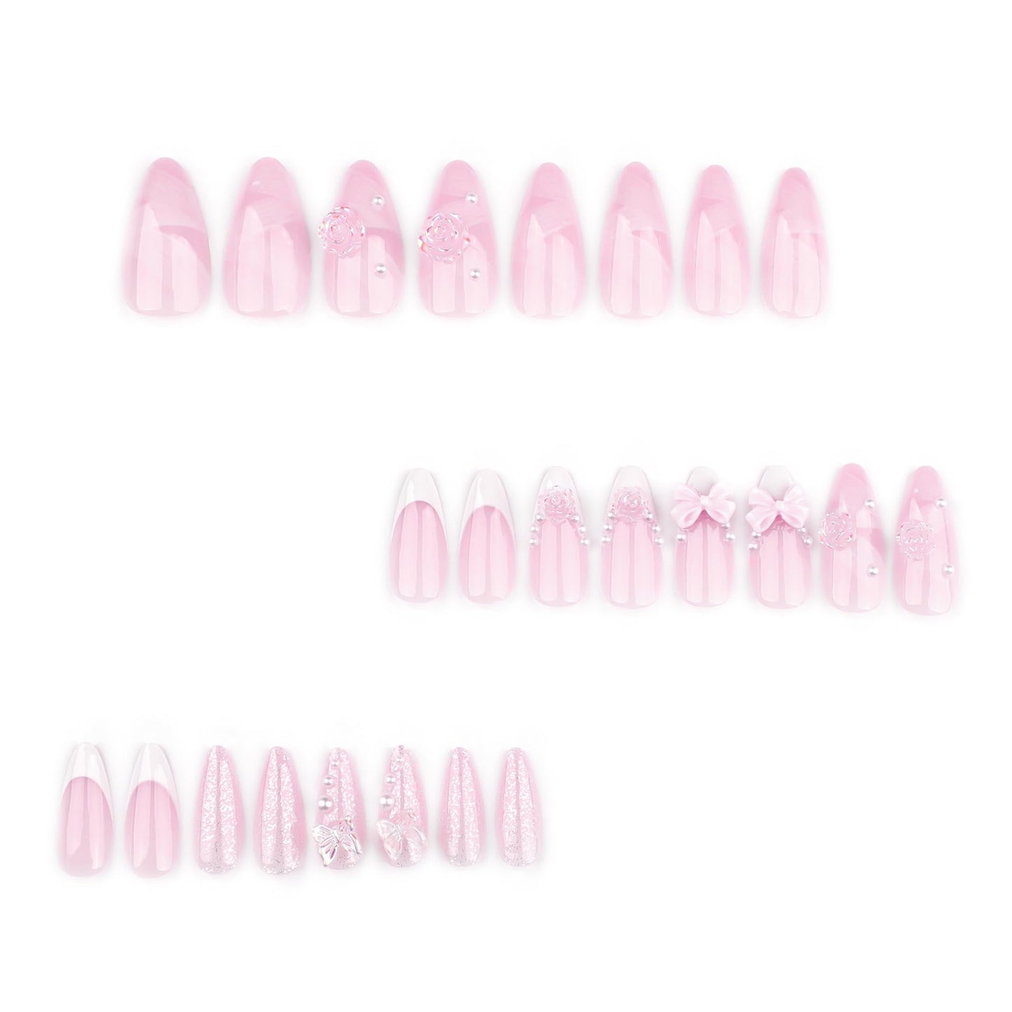 CTTHNBD Press on Almond Nails - Medium Fake Nails with Bow Flower Charms Design - White French Tip False Nails for Women 24 Pcs