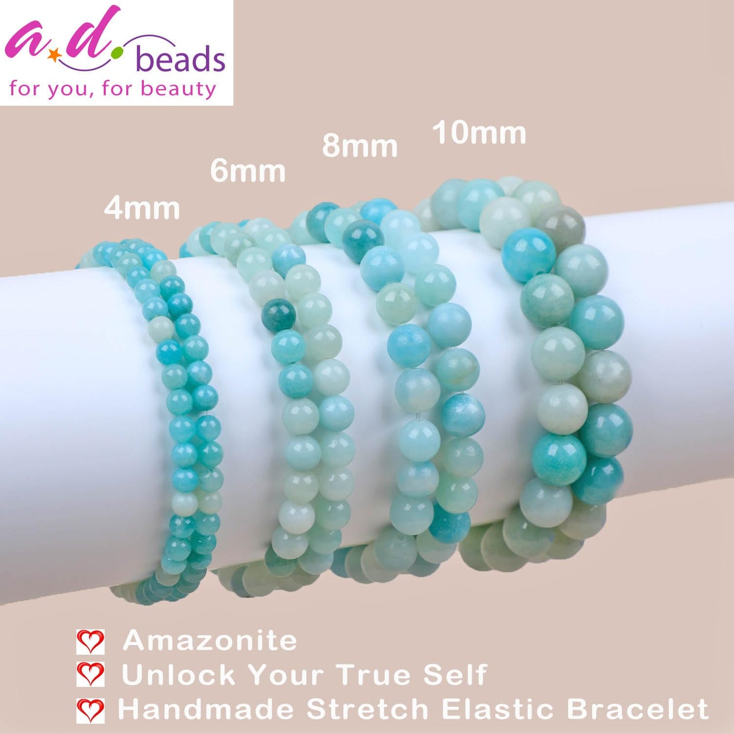 AD Beads Handmade Gemstone Stretch Elastic Bracelet Crystal Healing Reiki Nature's Beauty and Spiritual Essence Unisex (4mm, Amazonite (Unlock Your True Self))