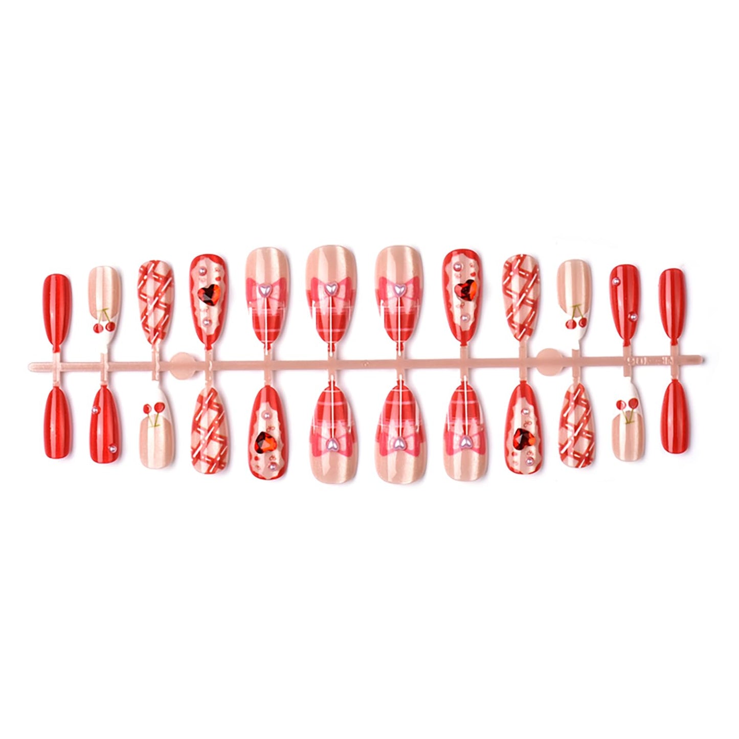30pcs Valentines Press on Nails Medium Almond French Tip Fake Nails Red Stripe Full Cover False Nails with 3d Heart Rhinestones Designs Glue on Nails Pink Bow Artificial Stick on Nail Supply for Women