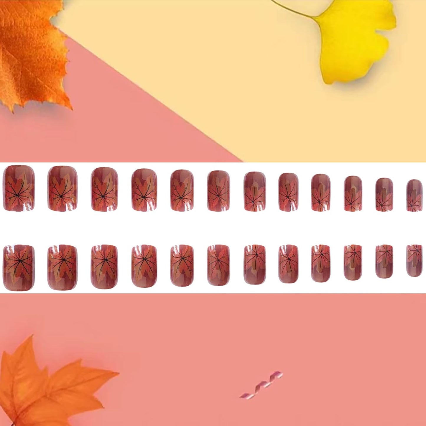 Thanksgiving Press on Nails Short Length Maple Leaves Square Brown French Acrylic Reusable Full Cover Glossy Coffin Fall Glue on Festival 24Pcs