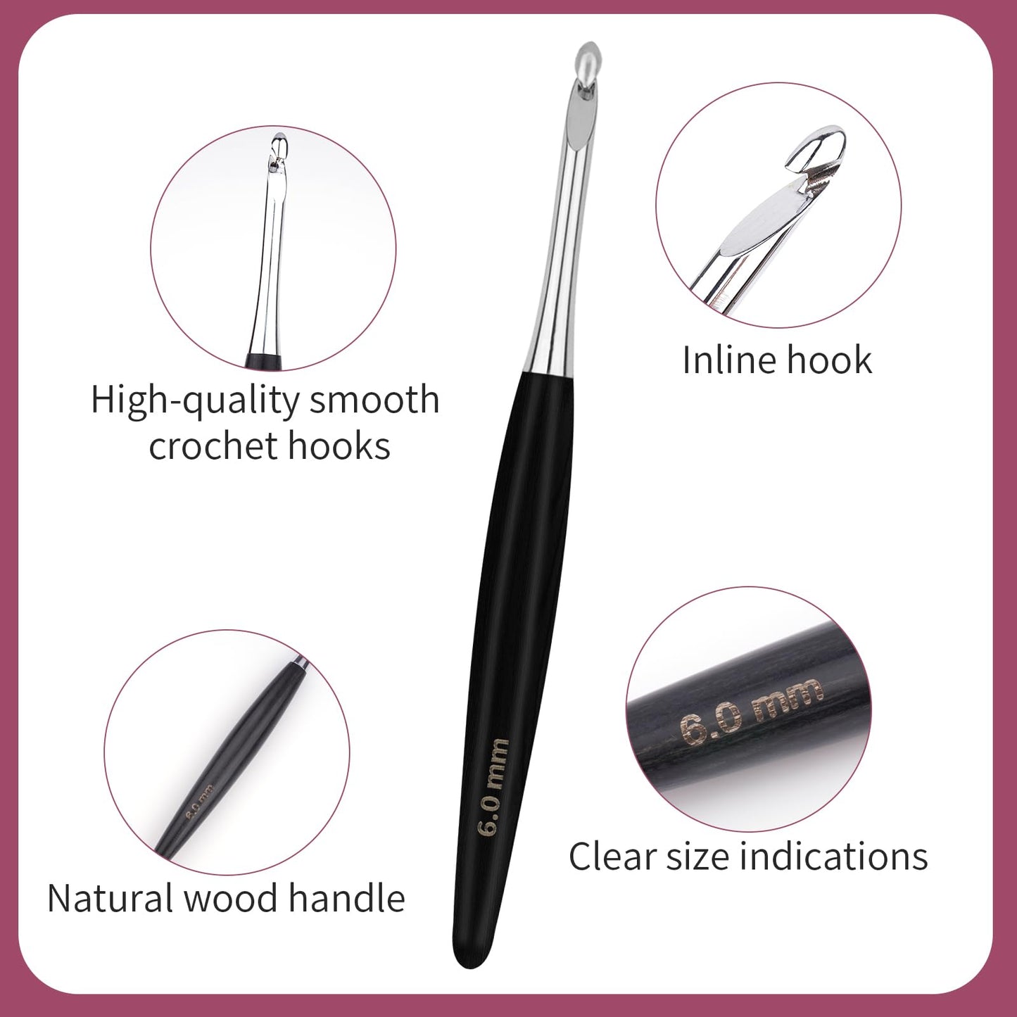 WAZAIGUR Wooden Handle Inline Ergonomic Crochet Hooks Set, 9 Sizes 3.5mm-8mm, Black Crochet Hooks for Arthritic Hands