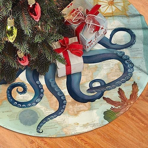 Ocean World Sea Octopus Christmas Tree Skirts 36", Xmas Tree Cloth Mats Trees Skirts for Decor Gift, Home Decoration