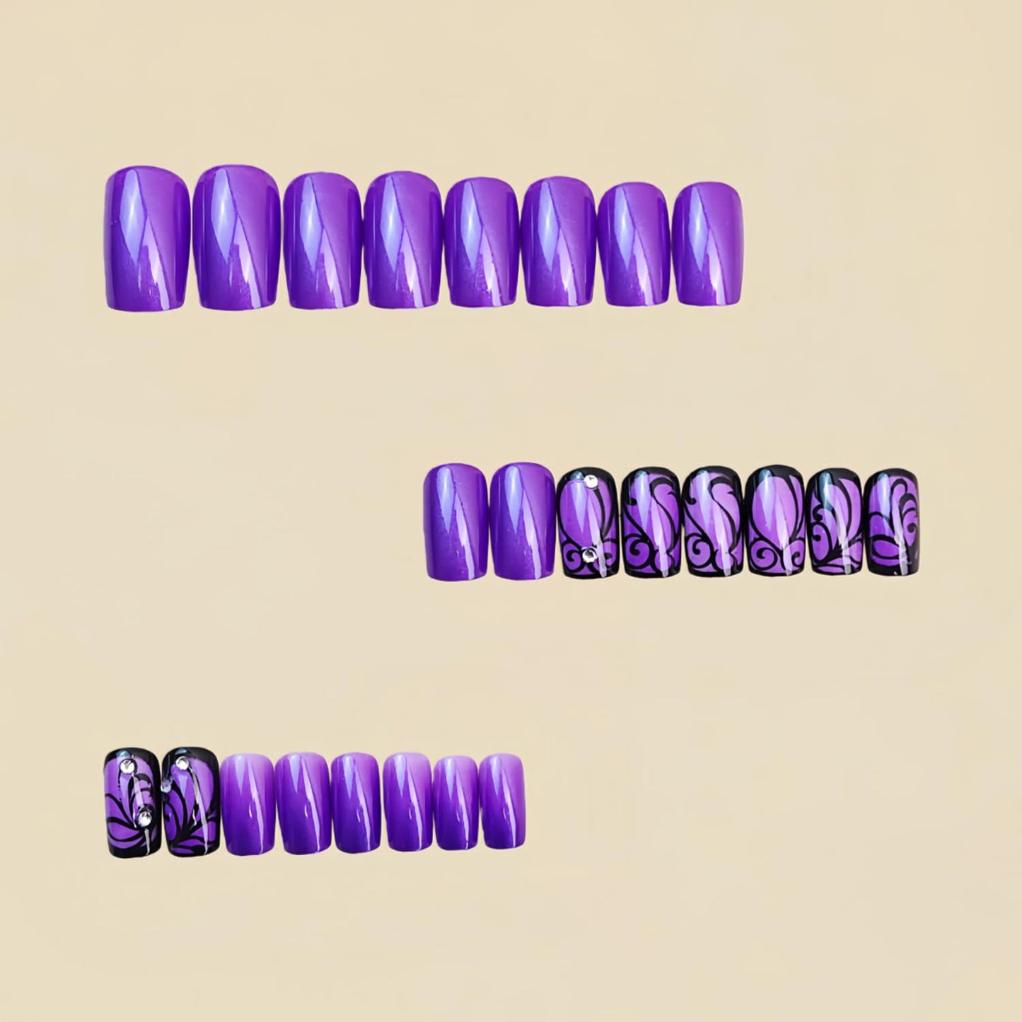 Purple Press on Nails Medium Square Fake Nails with Black Flowers Line Design Rhinestones False Nail Glossy Full Cover Acrylic Artificial Stick on Nail for Women 24Pcs