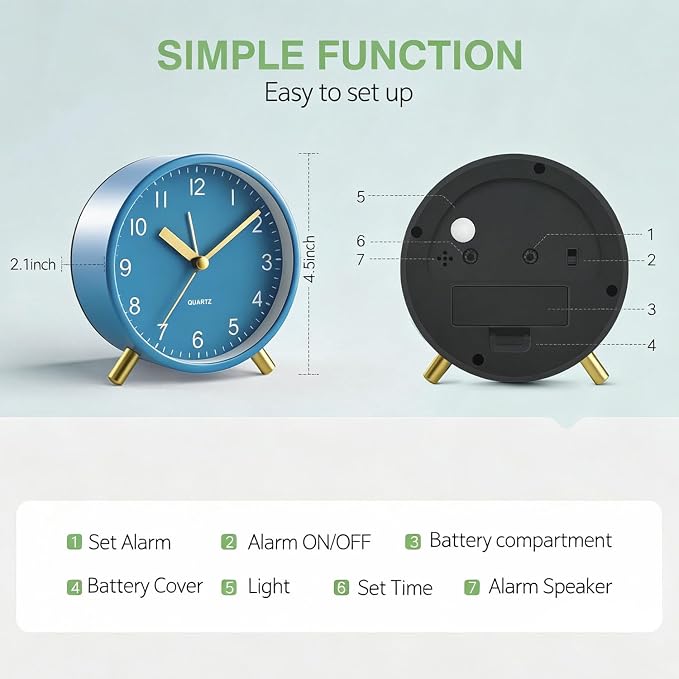 Analog Alarm Clock, Silent Non-Ticking with Night Light, Fashionable Round Metal Alarm Clock for Office, Battery Operated, Bedroom, Elderly, Adults, Women, Men, Children, Student Gifts