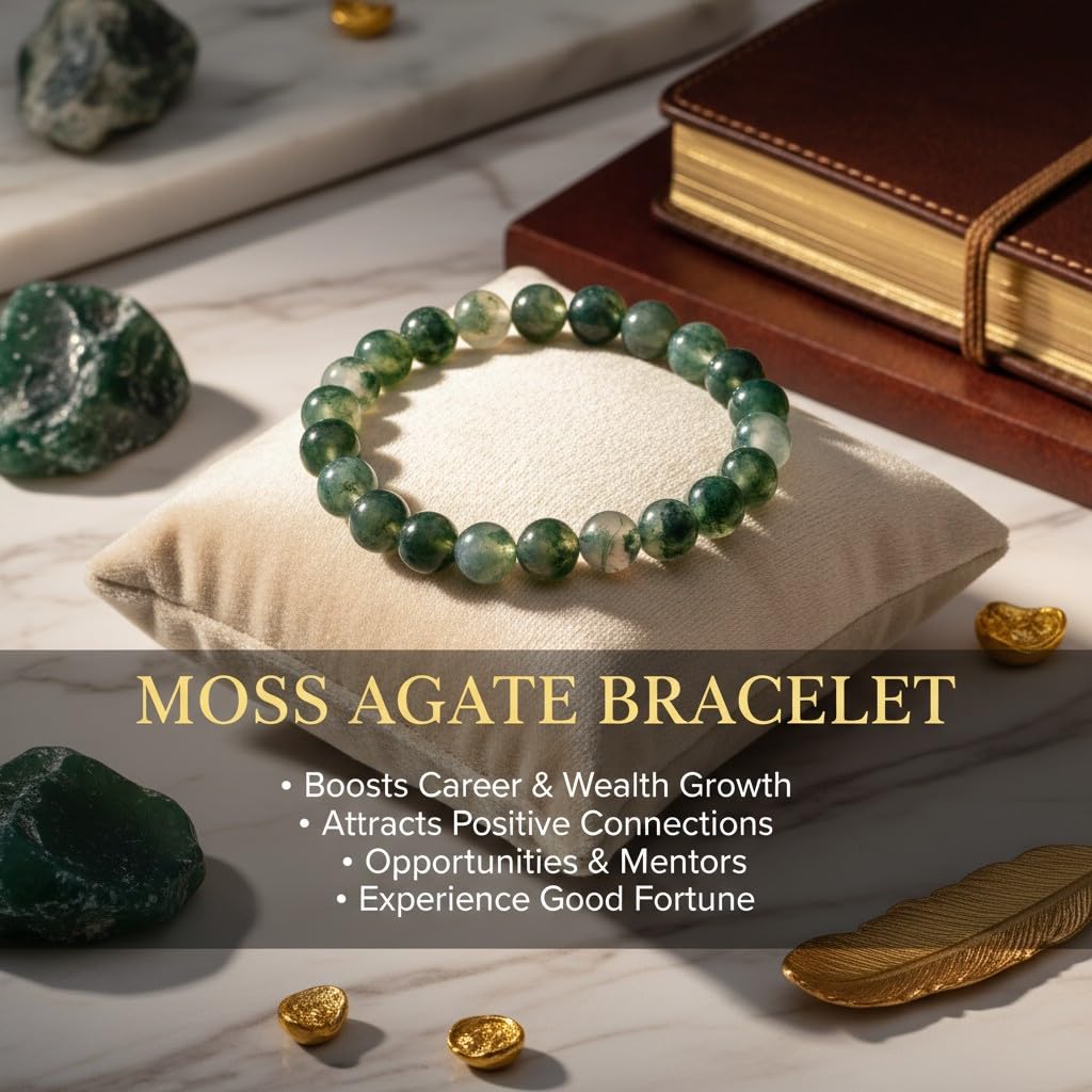 The Vida Handmade AAA+ Quality Crystal Stretch Elastic Bracelet - Nature Gemstone - Jewelry Gift - Holiday Gift - For Women & Men (Moss Agate)