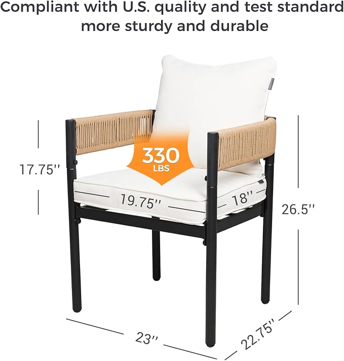 Grand patio 5-Piece Outdoor Dining Set for 4, Metal Woven Wicker Fixed Patio Chairs with Thickened Cushions & 1 Square Woodgrain Dining Table with Umbrella Hole for Backyard Deck (Natural)