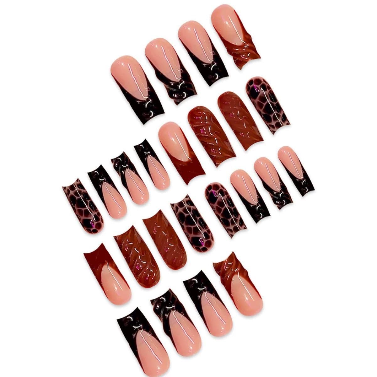 QQPPOLIU Long Press on Nails Square Fake Nails for Hot Girls Black French Tips Stick on Nails with Design 3D Coat Glue on Nails 24pcs