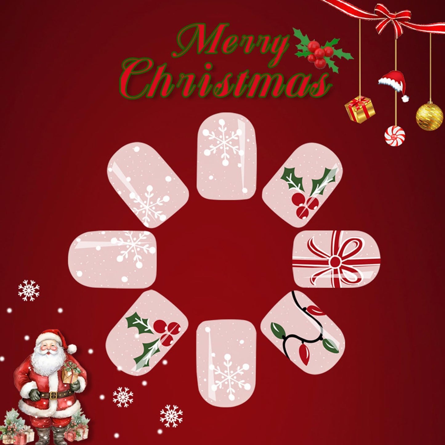 Christmas Press on Nails Winter Snowflake Fake Nails Short Square Xmas False Nail Glossy Reusable Artificial Stick on Nail for Women DIY Manicure 24 Pcs