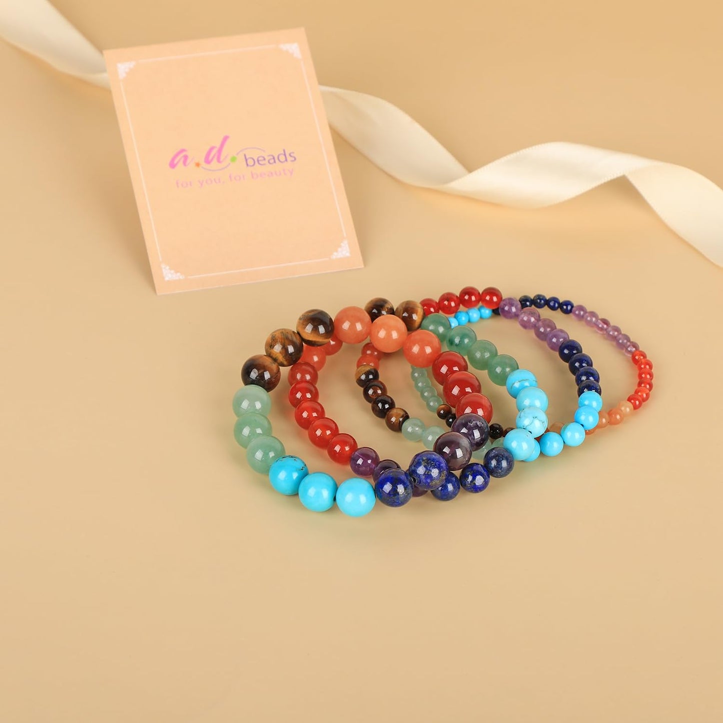 AD Beads Handmade Gemstone Stretch Elastic Bracelet Crystal Healing Reiki Nature's Beauty and Spiritual Essence Unisex (10mm, Seven Chakra Stones (Energy Balancing))