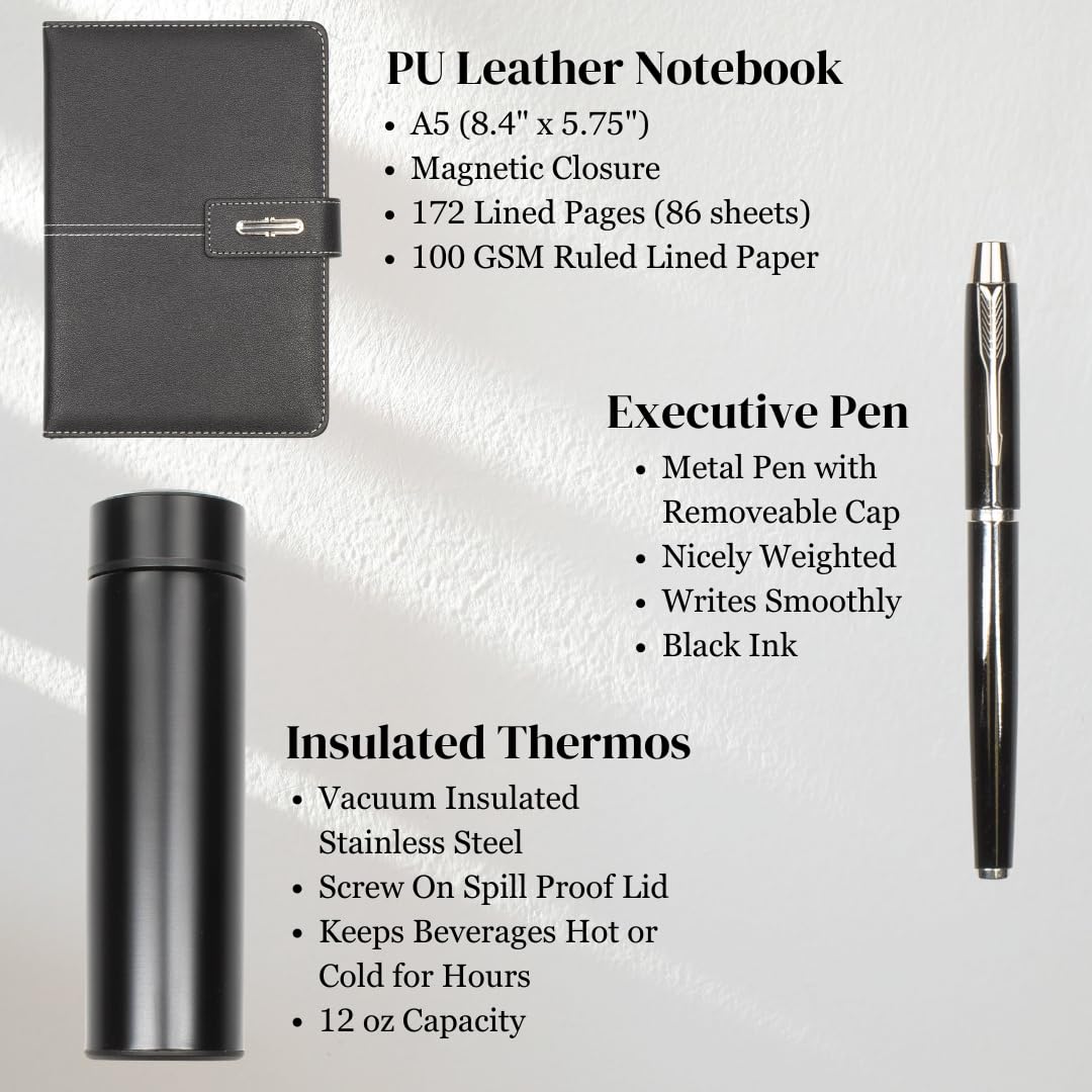Shadow Breeze A5 Leather Notebook, Insulated Thermos and Executive Pen Gift Set in Premium Gift Box, 172 Pages 100GSM Ruled Pages, 12 oz, Great Gift for Business, School, Home (Black)