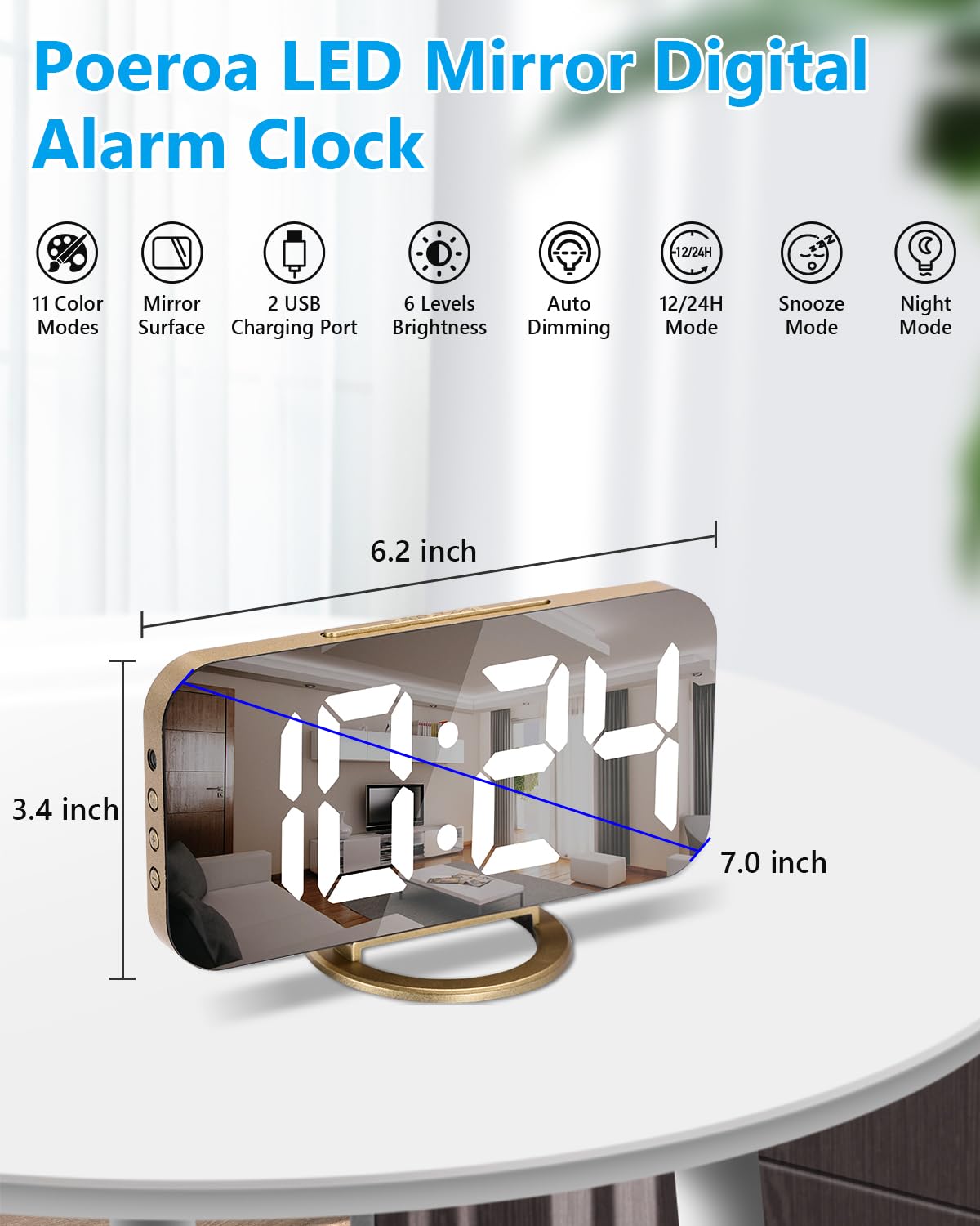 Poeroa Digital Alarm Clock,7 in LED Mirrored Clocks Large Display,with 2 USB Charger Ports,Auto Dim,Night Mode,Modern Desktop Electronic Clocks for Bedroom Home Office Decor - Gold