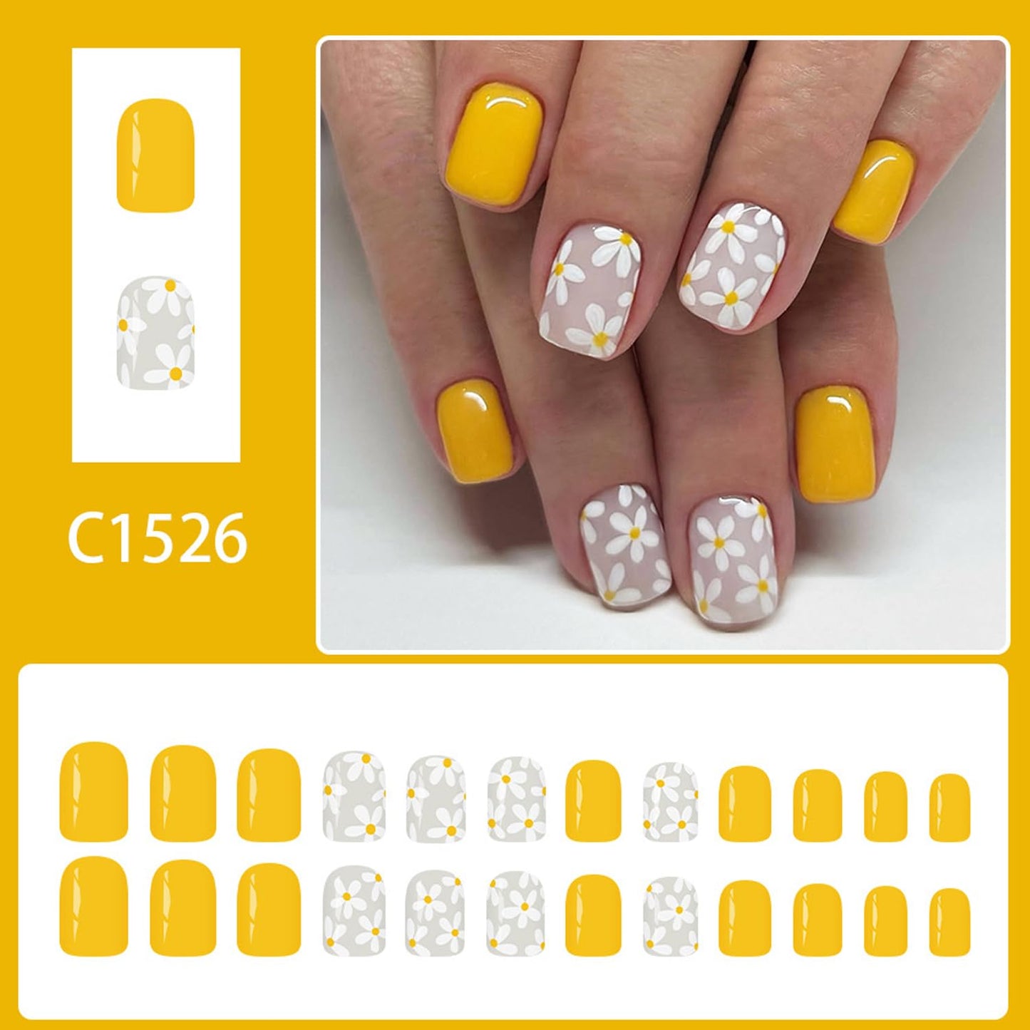 Square Press On Nails Short Fake Nails Yellow False With Flower Design Cute Glue On Nail Full Cover Artificial Acrylic Summer Stick On Nail Reusable For Women Manicure Art 24pcs