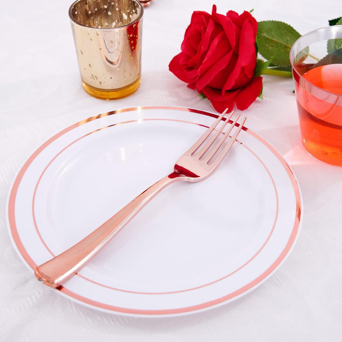 WDF 300 Pieces Rose Gold Plastic Silverware- Disposable Flatware Set - Heavy Duty Plastic Cutlery Includes 100 Forks, 100 Spoons, 100 Knives Perfect for Wedding, Party