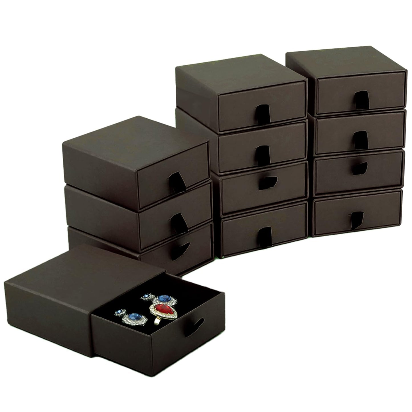 Nsmykhg Jewelry Gift Box Velvet-Lined,12 Pack Compact Drawer Style for Earrings & Rings, Necklace & Bracelet Organizer, 3.93x3.93x1.65 Inches, Stackable Elegant Jewelry Display & Storage Box (Coffee)