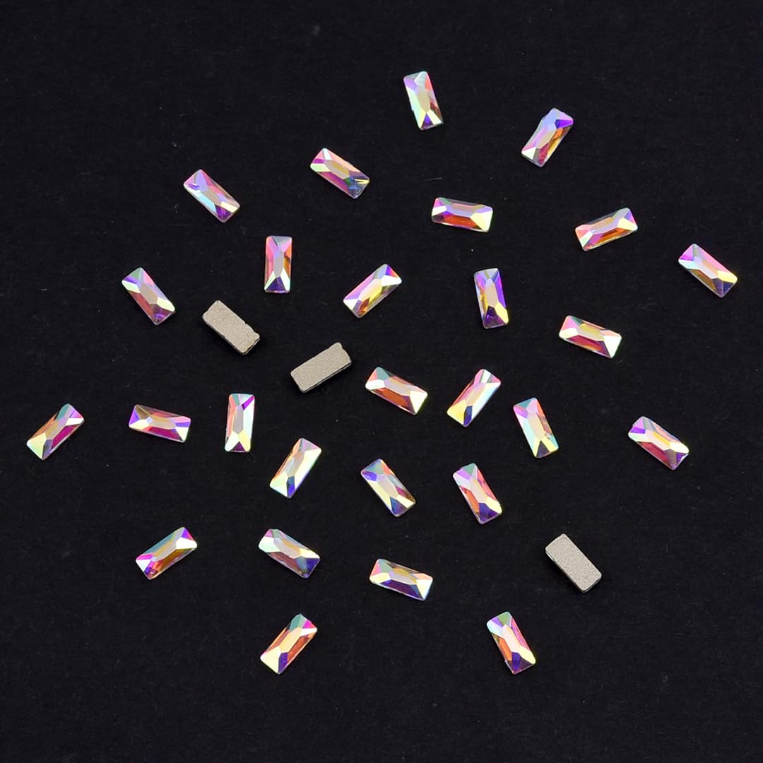 Tisslan 100pcs 3D Crystal Ab Thin Rectangle Glass Flat Back Shape Rhinestones Nail Art Decoration Stones and Gems for Nails Acrylic Design Tech Supplies Mix Sizes(50pcs Each Size)