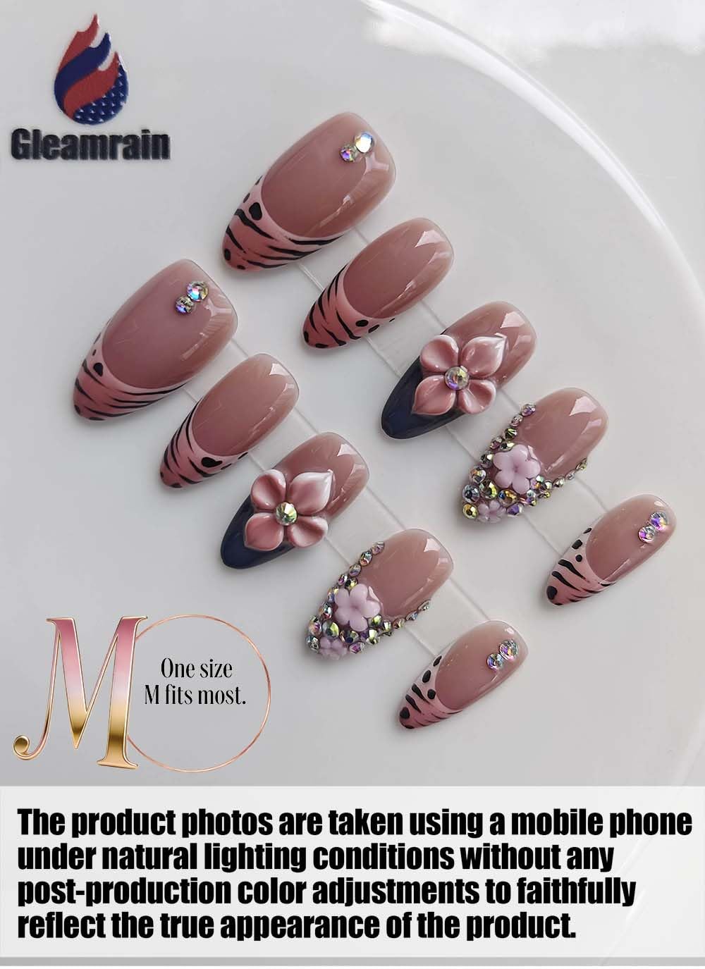 Gleamrain Almond Medium Handmade Press on Nails for Women, Handcrafted Floral Design Deep Nude Natural Press on Nails Thick Kit for Daily Use D314