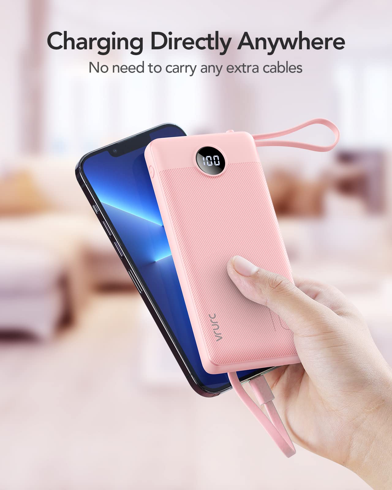 VRURC Portable Charger Power Bank, 10000mAh Travel Essentials Battery Pack, Compact Charging Bank Built-in Cables Cords Compatible with iPhone 17 Pro 17 16 15 14 13, Samsung Phones-Pink(1 Pack)