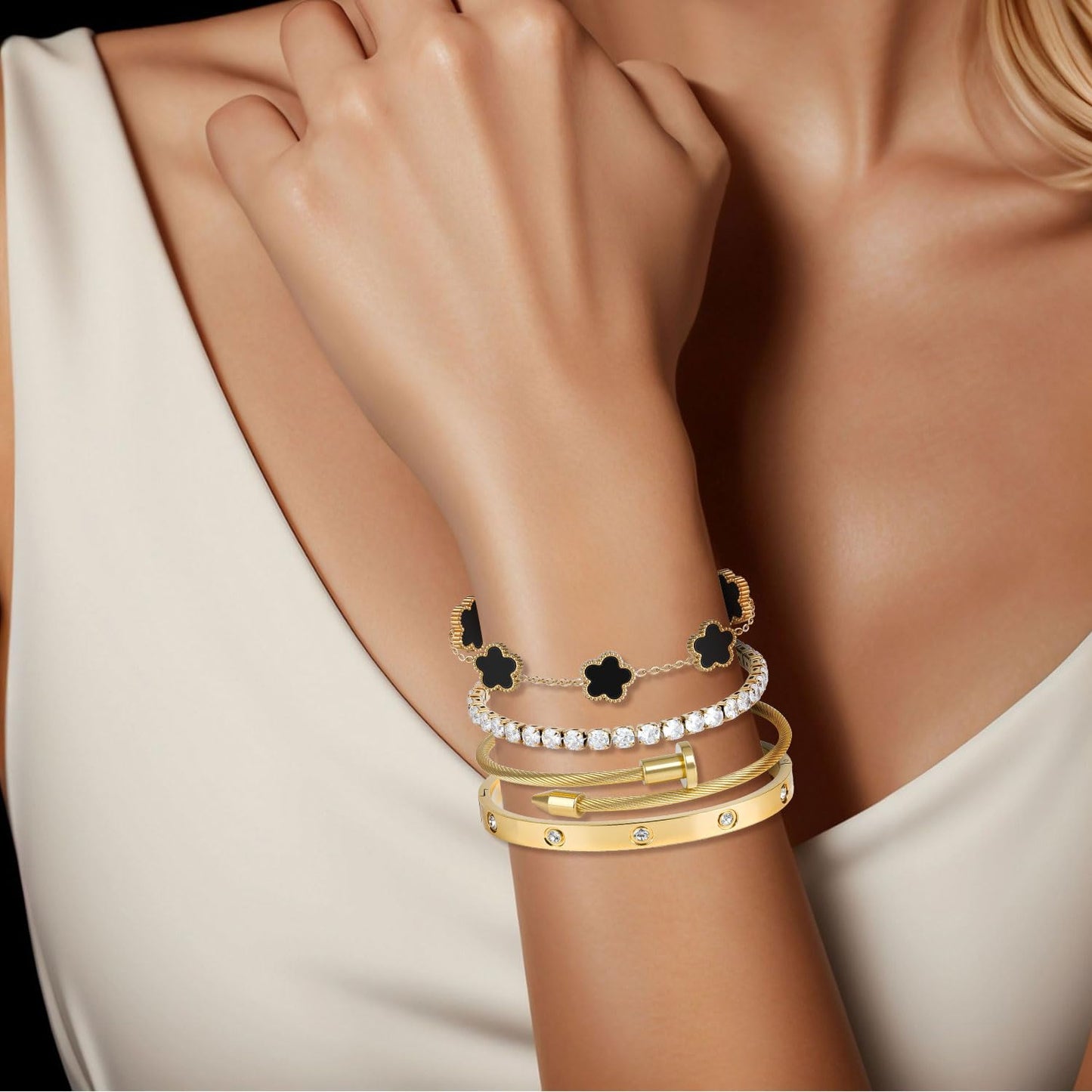 18K Black Gold Plated Clover Bracelet Bangle Set, 4pcs Stackable Four Leaf Gold Bracelet Set for Wife Mom Girlfriend