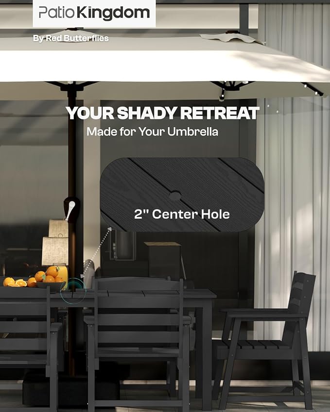 5-Piece Black Outdoor Dining Set for 4, 75.2'' HDPE Table with Umbrella Hole & Chairs, Weather-Resistant Patio Furniture for Garden, Lawn, or Poolside
