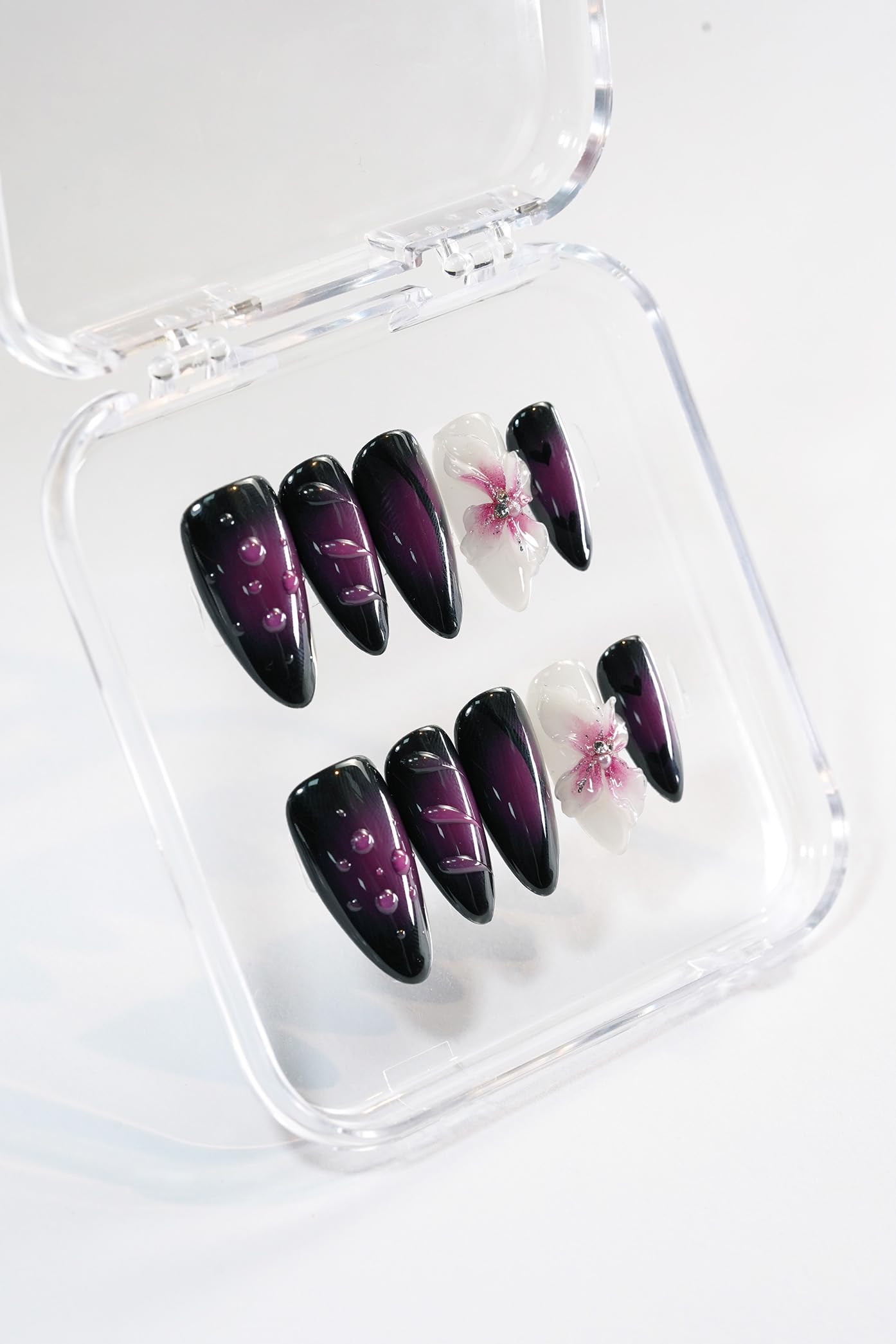 Nelaoco 10PCS Handmade Press On Nails REUSABLE 3D Gel Fake Nails Acrylic Slim Natural Profile Glassy Shine & Detail-Focused Finish (Midnight Dahlia Black - M)