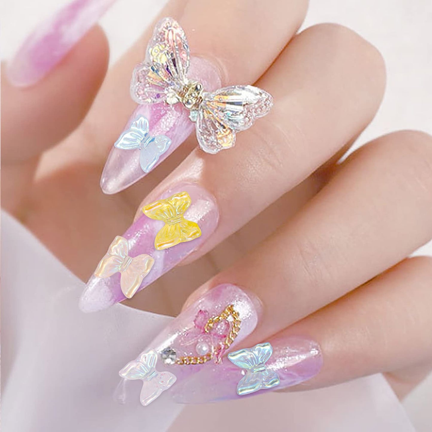 OIIKI 300pcs Cute 3D Butterfly Nail Charm, Glitter Charm for Nails Art, Resin Art Decorations Ornaments Gems for Acrylic DIY Craft Design Manicure Accessories