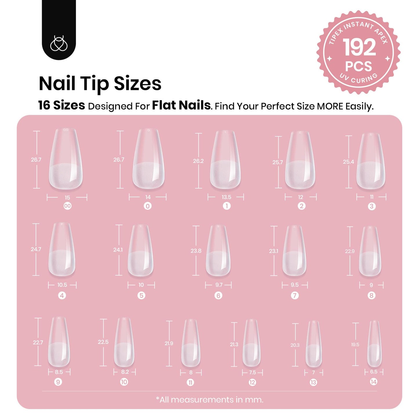 Beetles Tipex Instant Apex Nail Tips, Coffin Medium, 16 Sizes (00–14), 192pcs, Built-In Apex, No Builder Gel Required, Thicker Strong Acrylic Tips for DIY Nail Extensions