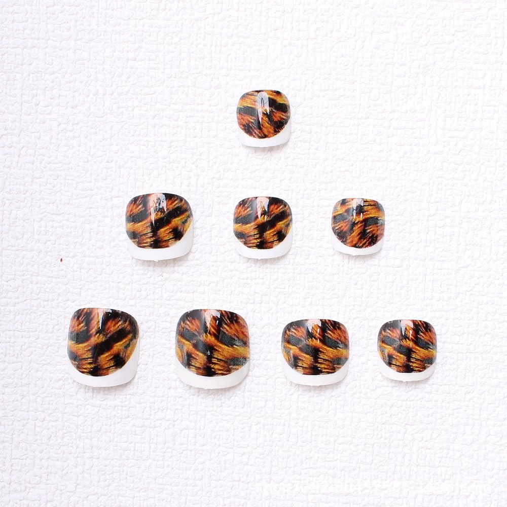 White French Leopard Print Press-On Toenails Short Square False Toenails Leopard Print Full Coverage Summer Shiny Acrylic Toenail Stickers Decorations for Women 24pcs