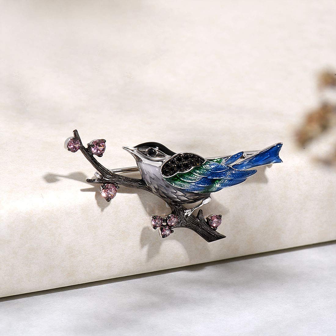 Santuzza Magpie Brooch 925 Sterling Silver Enamel Bird Black Spinel Brooches Pin for Women
