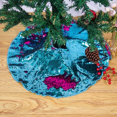 Christmas Tree Skirt 24 Inches Turquoise to Hot Pink Mermaid Sequin Tree Skirts 24 Inches Small Round Tree Skirt for 1.5ft Xmas Trees Indoor or Outdoor
