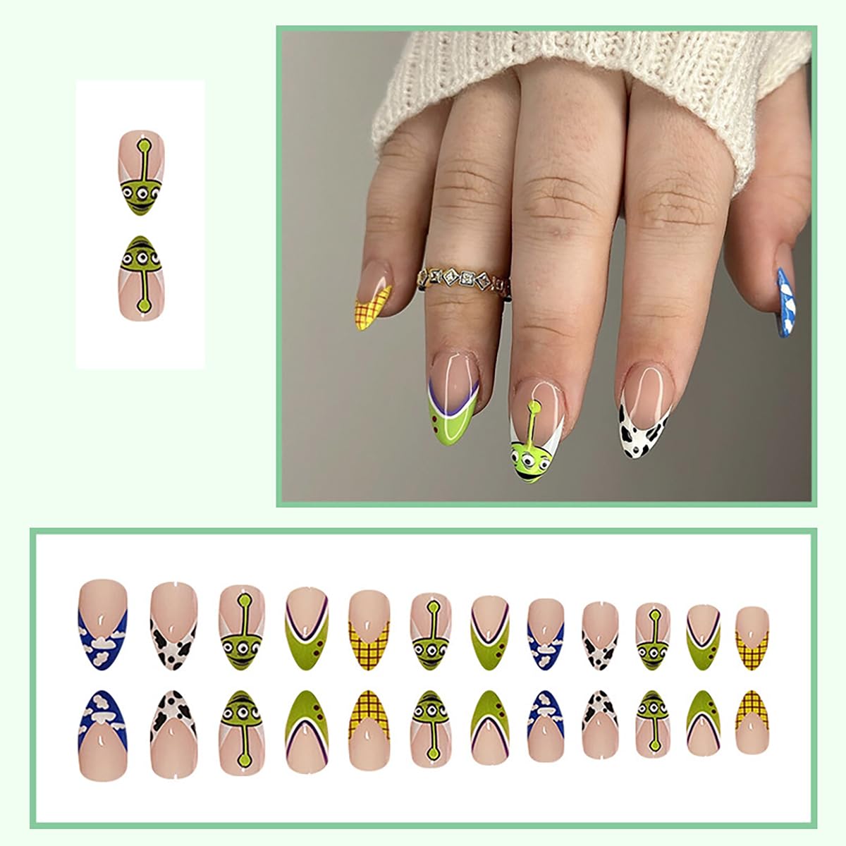 24Pcs Halloween Press on Nails Medium Almond Fake Nails with Cute Cartoon Pattern Design Reusable False Nails Kit French Tip Nails Press ons Artificial Nail Cute Funny Almond Stick on Nails for Women