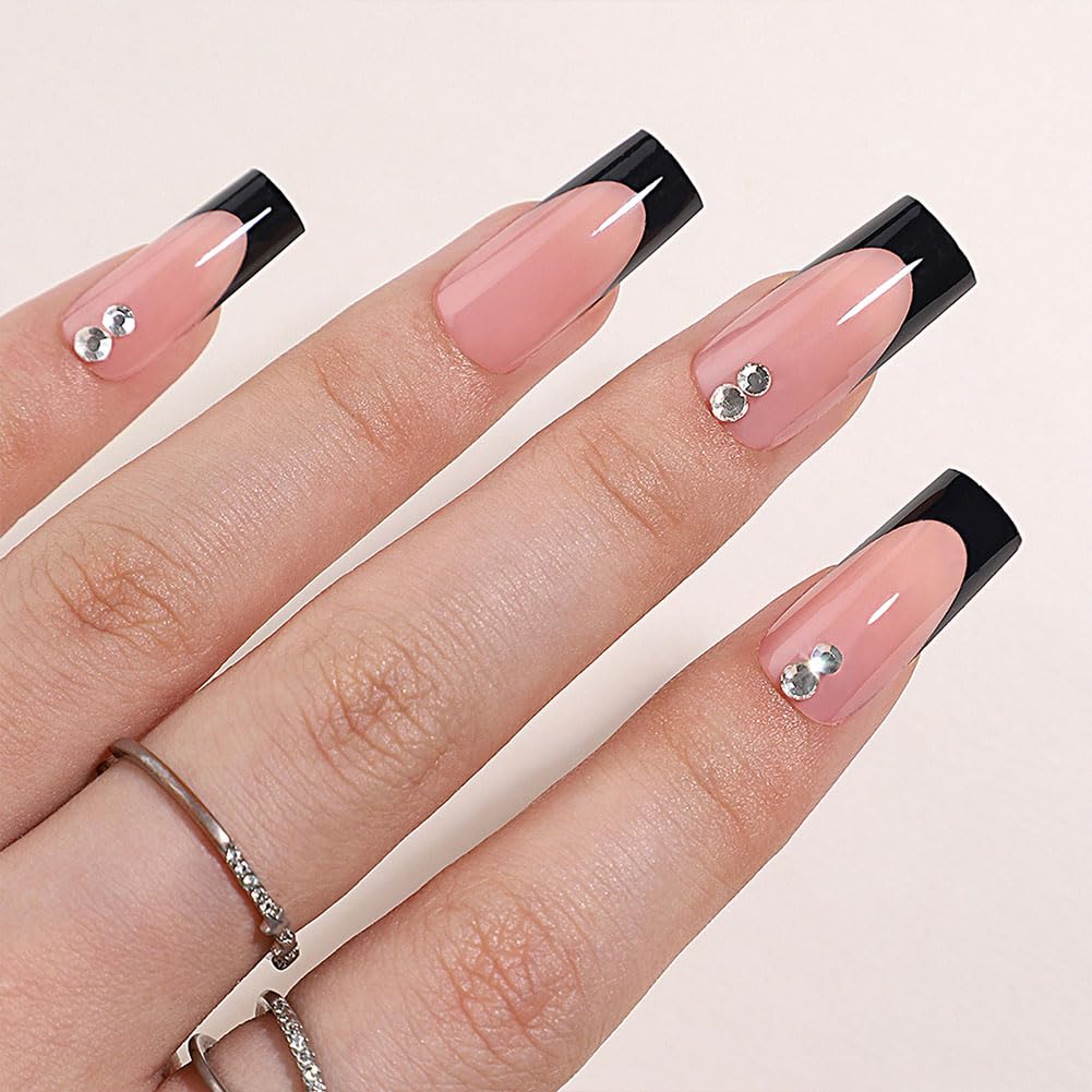 WAFOLOZE Black French Tip Press On Nails - Long Press On Nails Square Fake Nails with Two Crystal Diamonds, Artificial Nails 16 Sizes - 32Pcs False Nails Tips Kit, Stick On Nails for Women