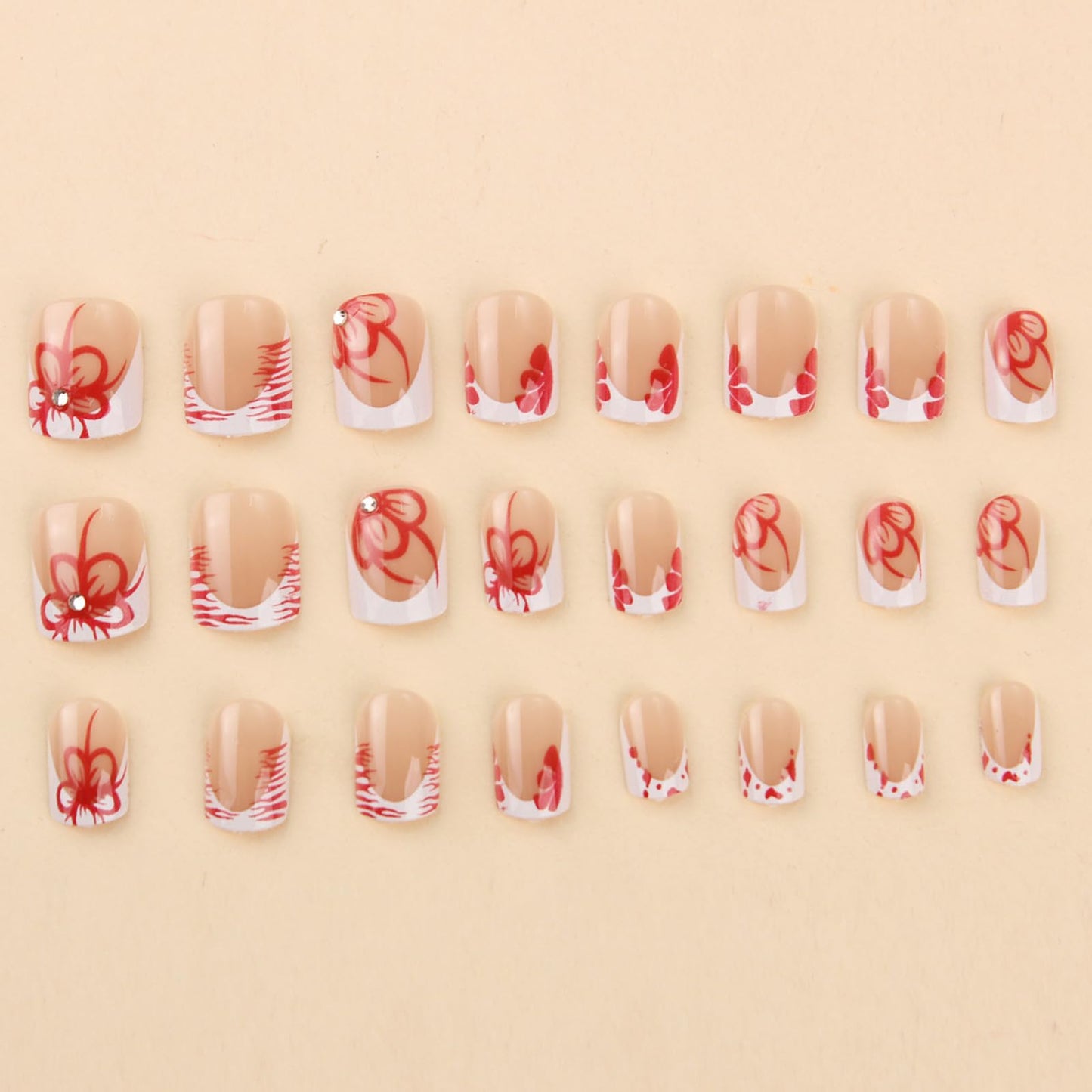 IMSOHOT White French Tips Press on Nails Short Square Fake Nails with Red Flower Design Full Cover Glossy Glue on Nails Acrylic Artificial False Nails for Women Stick on Nails 24Pcs