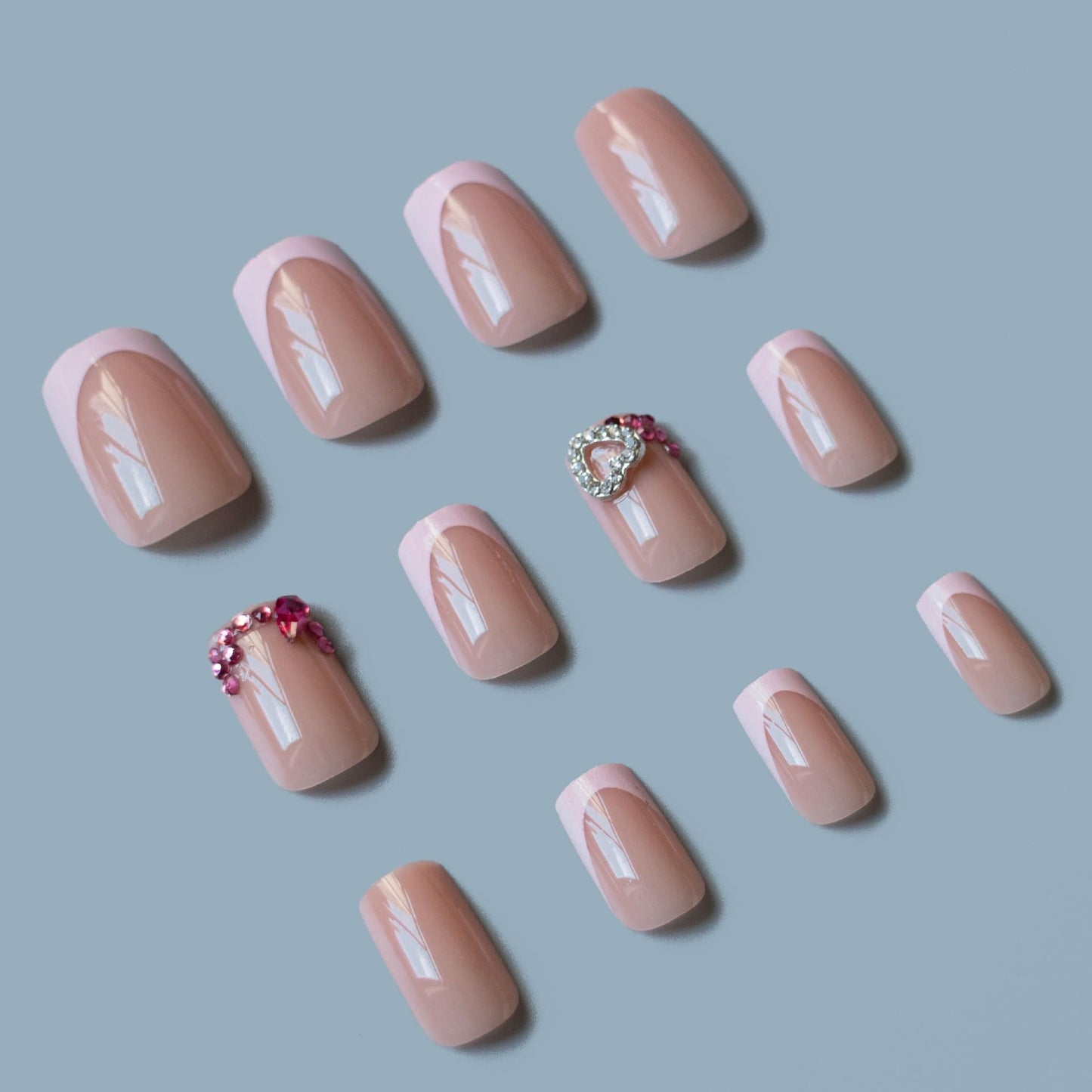 IMSOHOT Short Square Press on Nails Pink Rhinestone French Tips Fake Nails with Heart Design Full Cover Glossy Artificial Acrylic False Nails Cute Stick on Nails for Women Girls