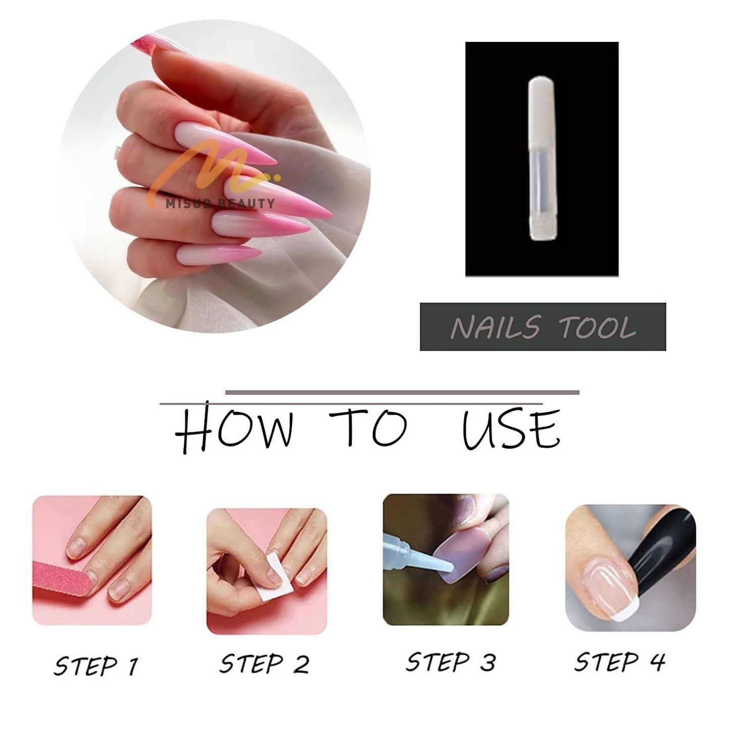 MISUD Press on Nails - Long Stiletto Fake Nails with Pink Ombre, Acrylic Gradient Design 24 pcs