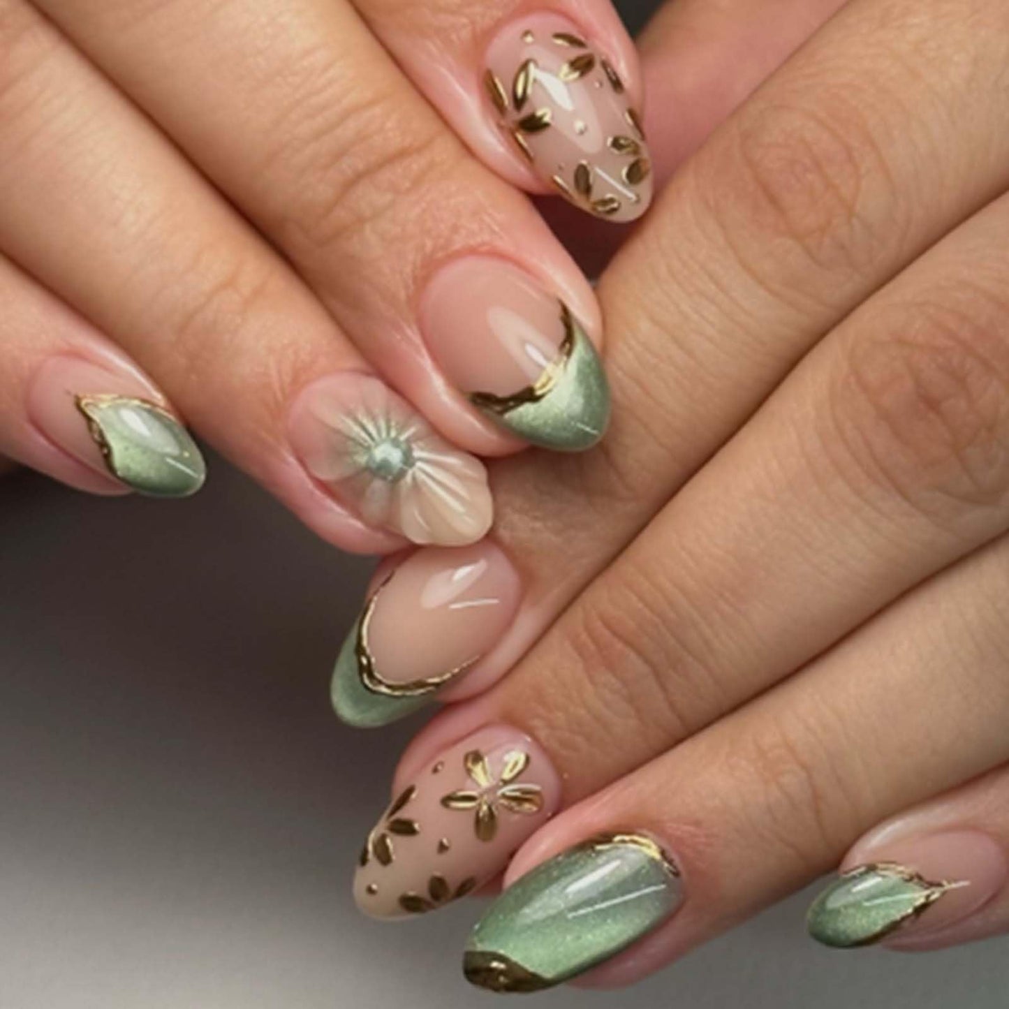Hkanlre Almond Fake Nude Nails Tips Full Cover False Medium Nails Summer Flower Press on Nails for Women 24PCS