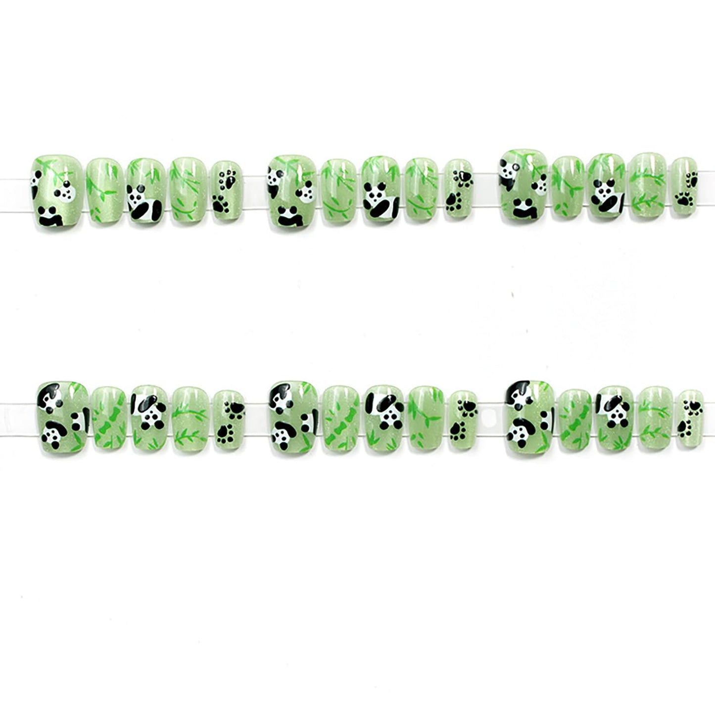 Press On Glossy Full Cover Acrylic Short Green False Nails with Panda Bamboo Artificial Square Shaped Fake Nails with Charms Glue Ons for Women Girls