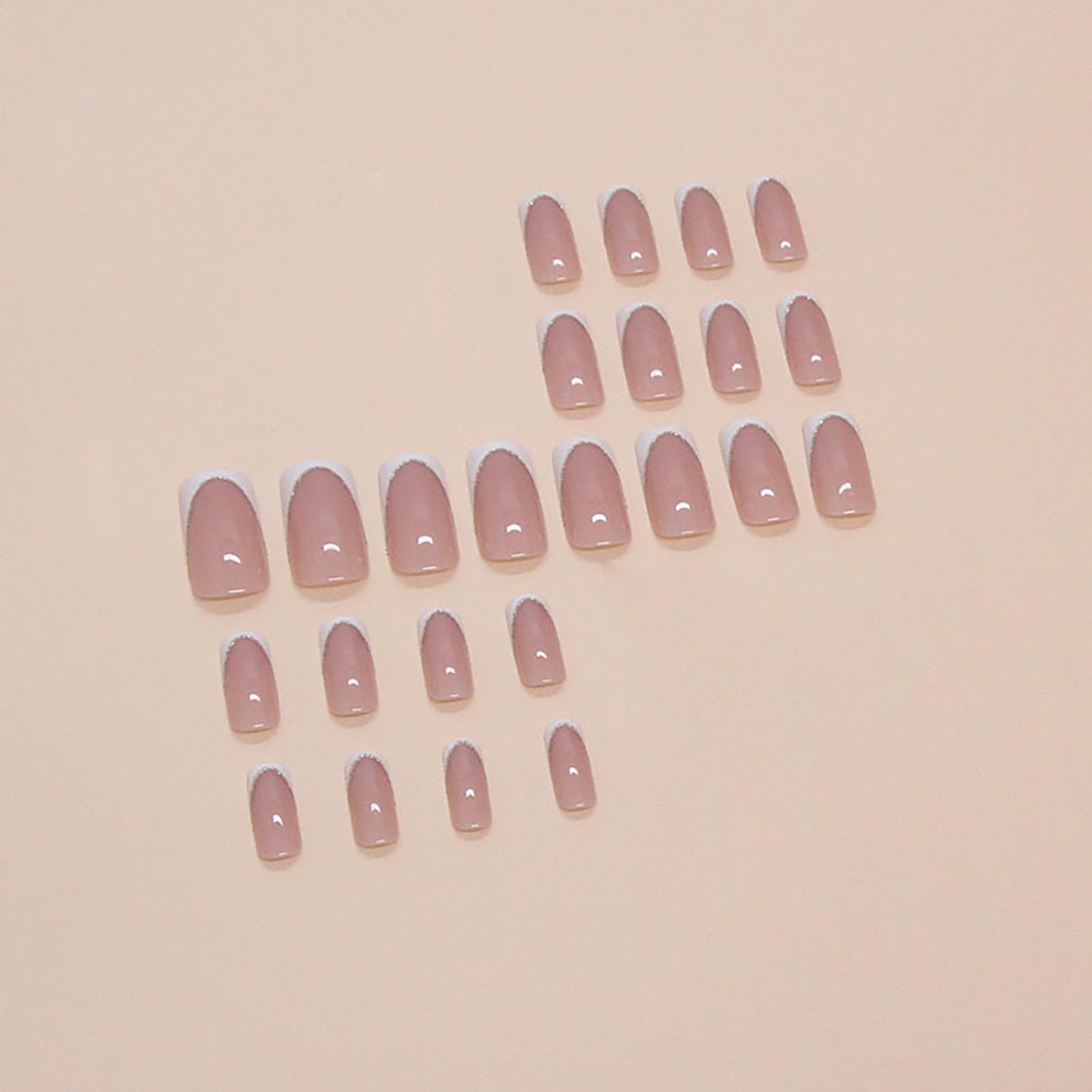 Medium Square Press on Nails With White French Tip Fake Nails Nude Pink Press ons with Silver Line Design Acrylic False Nails Glossy Artificial Stick on Nails for Women Girls 24 Pcs