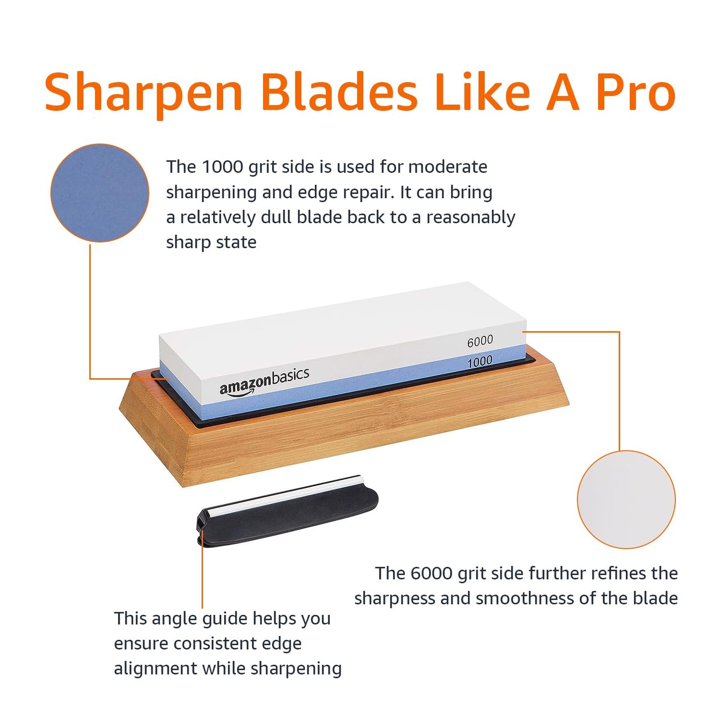 Amazon Basics Whetstone Knife Sharpening Stone, Double-Sided 1000/6000 Grit with Angle Guide, Non-Slip Bamboo Base, Black & Grey