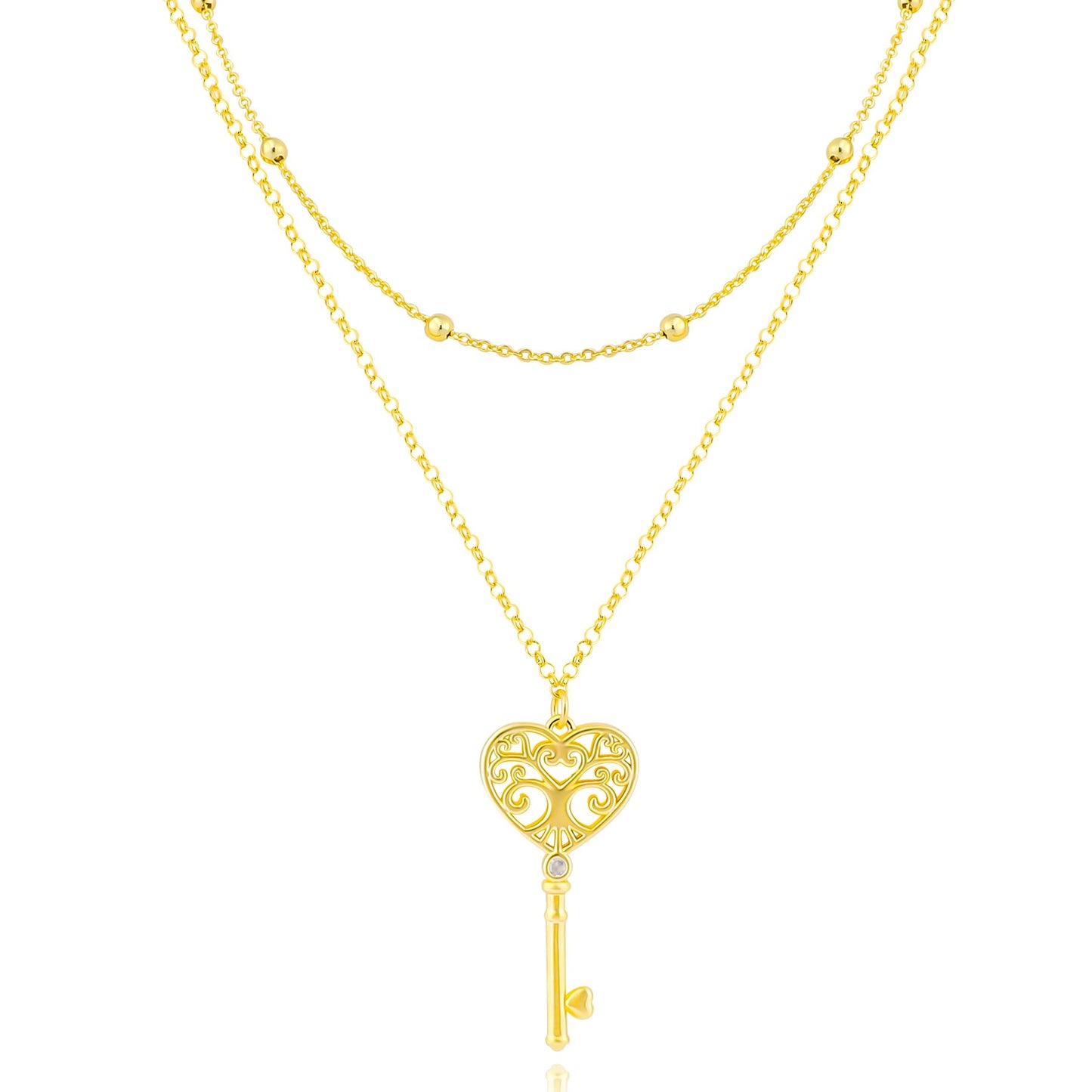 NEKOL Key Layering Necklace, Double-Layer Heart-Shaped Key Pendant with Cubic Zircon Inlay, Romantic and Elegant Design